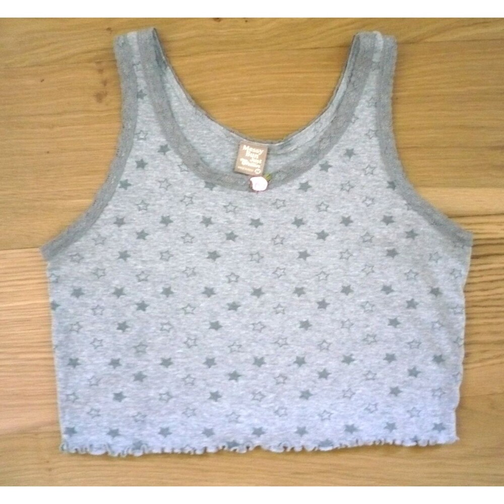 Y2K Baby Crop Cami Top M Lace Pink Rosette Celestial Grey Fairygrunge Whimsigoth